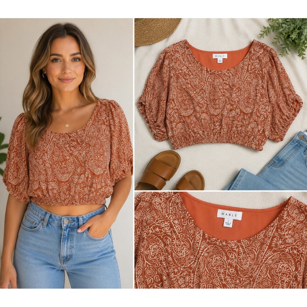 Mable Womens Rust Orange‎ Paisley Crop Top Puff Sleeve Smocked Hem Size Large